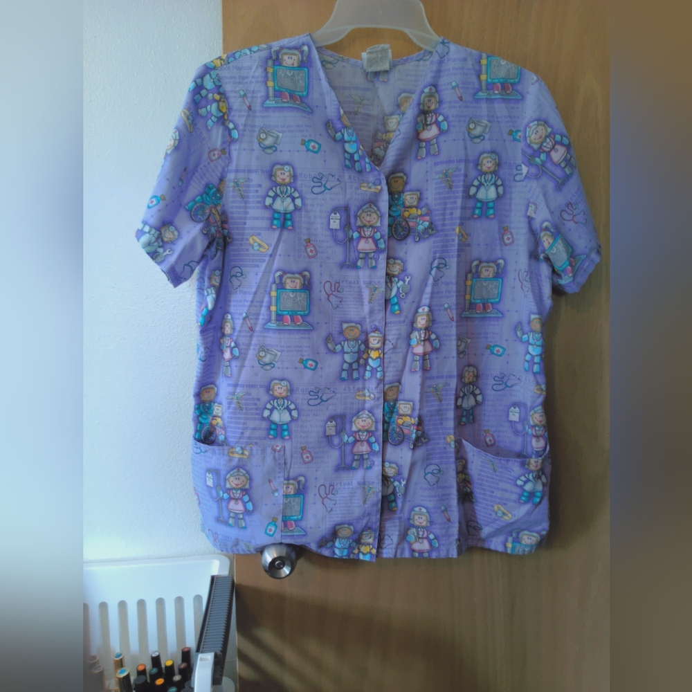 Purple Robot Print Scrub Top